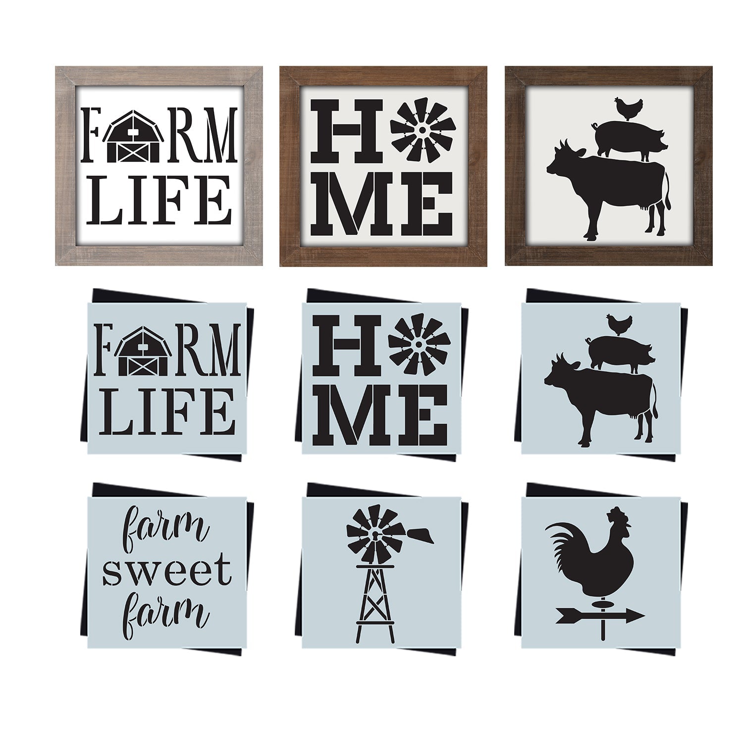 DIY reusable farmhouse mini wood home decor sign stencils, diy rustic farmhouse mini sign stencils, farm life barn mini sign stencil, home with windmill mini sign stencil, cow pig chicken stacked sign stencil, farm sweet farm mini sign stencil, windmill sign stencil, rooster compass sign stencil, diy farmhouse kitchen sign stencils