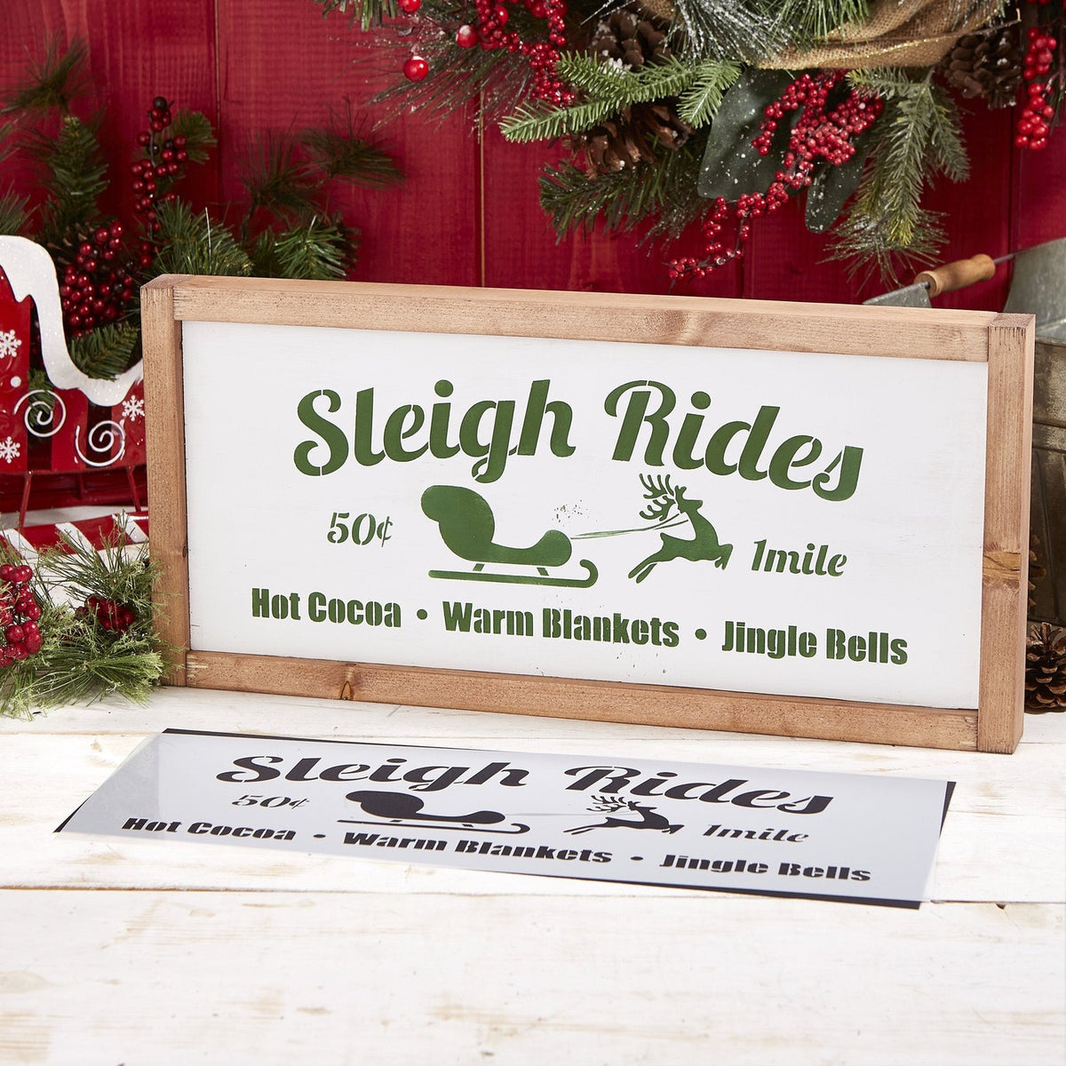 Reusable Christmas Sign Stencils for painting wood signs | DIY Farmhouse Christmas Decor | Farm Fresh Christmas Trees, Sleigh Rides and Hot Cocoa Stencils