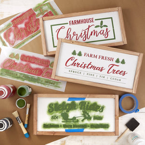 Reusable Christmas Sign Stencils for painting wood signs | DIY Farmhouse Christmas Decor | Farm Fresh Christmas Trees, Sleigh Rides and Hot Cocoa Stencils