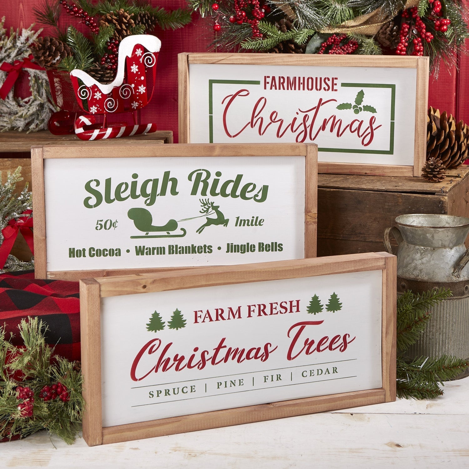 Reusable Christmas Sign Stencils for painting wood signs | DIY Farmhouse Christmas Decor | Farm Fresh Christmas Trees, Sleigh Rides and Hot Cocoa Stencils