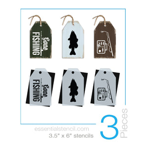 DIY reusable fishing mini tag stencils, fishing stencils, fishing sign stencils, fish stencil, trout stencil, gone fishing sign stencil, tackle box stencil,  fishing pole stencil