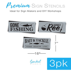 DIY reusable fishing sign stencils, gone fishing sign stencil, keeping it reel sign stencil, bait and tackle sign stencils, worms minnows lures sign stencil