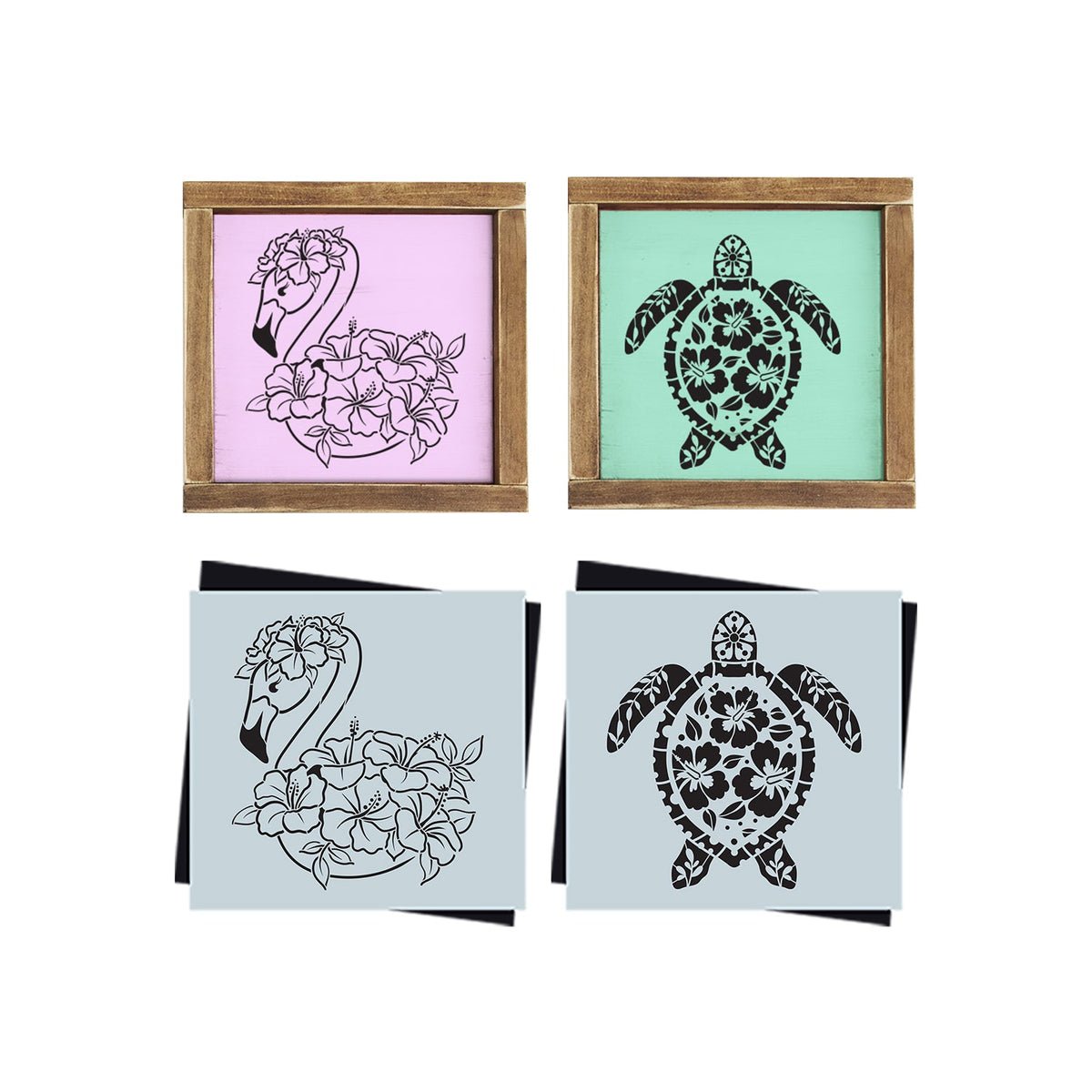 DIY beach theme home decor, flamingo and hibiscus stencil, floral sea turtle stencil, reusable stencils for painting on wood