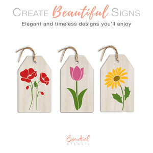 DIY reusable floral mini tag wood sign stencils, Spring flower tiered tray home decor, upclycling, arts and crafts, poppy tulip daisy, flower silhouette cut outs