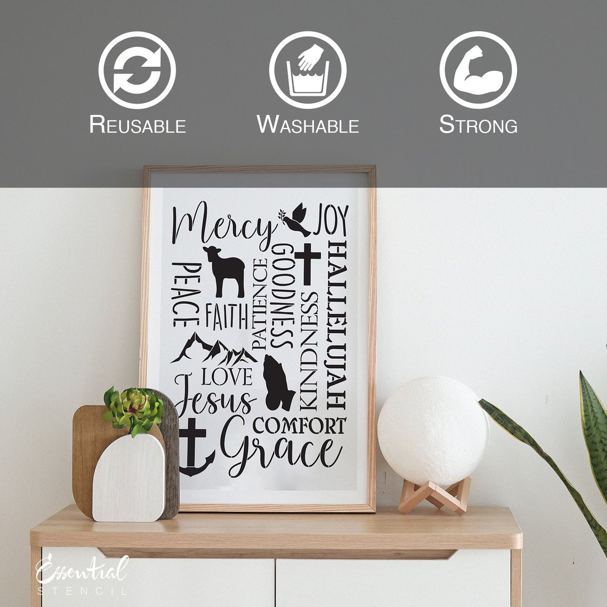 diy reusable farmhouse scripture sign stencil, christian collage sign stencil, Mercy, Joy, Peace, Faith, Patience, Goodness, Kindness, Hallelujah, Love, Jesus, Comfort, Grace sign stencil, Joy, Love, Peace, Patience, Kindness, Goodness, Gentleness, Faithfulness, Self-Control - Galatians 5:22 sign stencil, dove with olive branch lamb cross praying hands mountains anchor scripture stencil collage