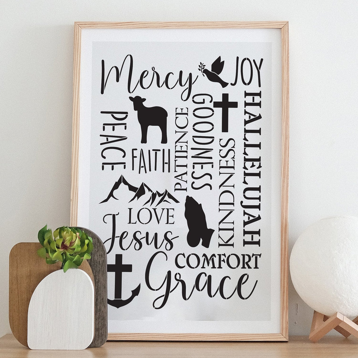 diy reusable farmhouse scripture sign stencil, christian collage sign stencil, Mercy, Joy, Peace, Faith, Patience, Goodness, Kindness, Hallelujah, Love, Jesus, Comfort, Grace sign stencil, Joy, Love, Peace, Patience, Kindness, Goodness, Gentleness, Faithfulness, Self-Control - Galatians 5:22 sign stencil, dove with olive branch lamb cross praying hands mountains anchor scripture stencil collage