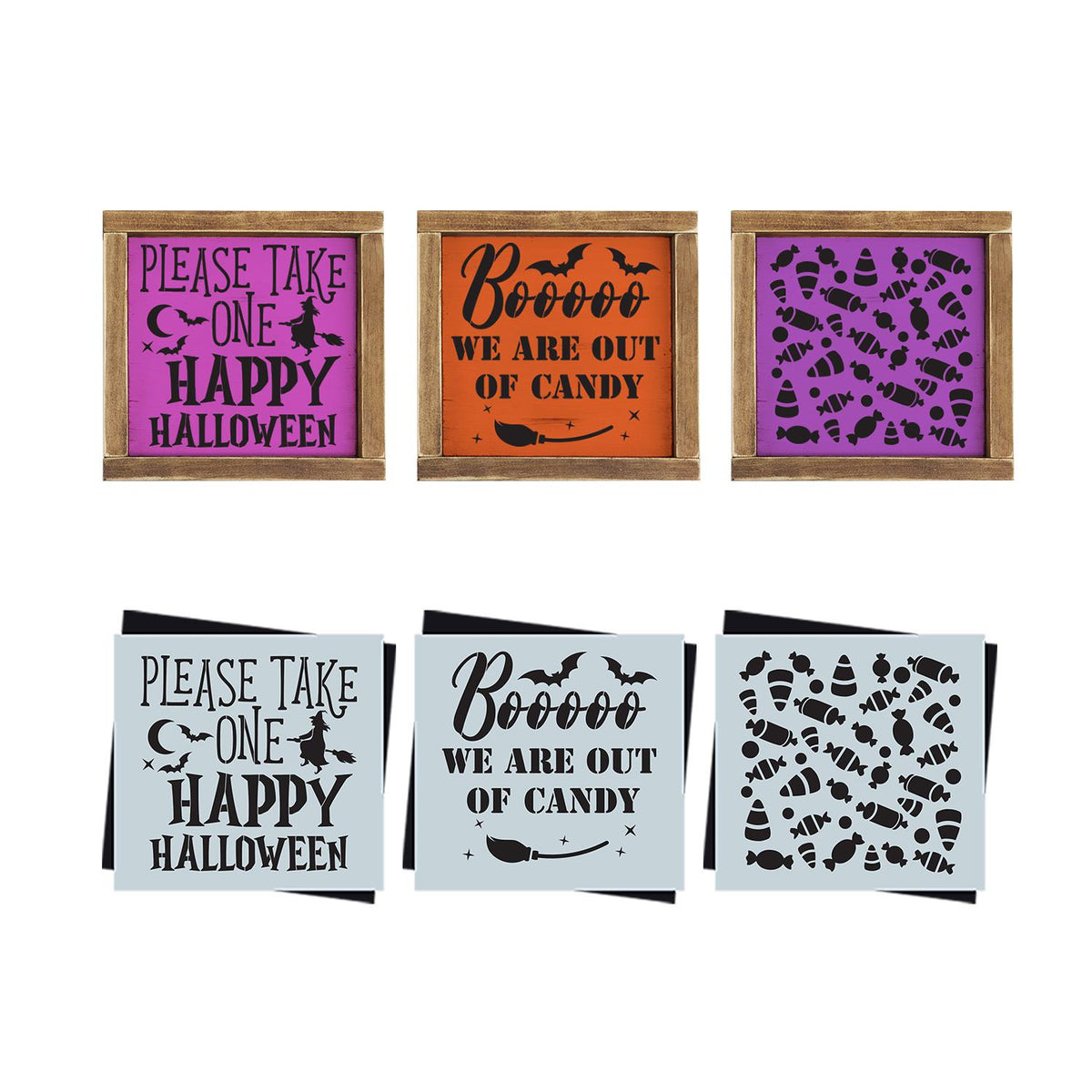DIY reusable halloween wood sign stencils, diy reversible halloween candy and out of candy sign, please take one happy halloween sign sencil, diy booooo we are out of candy sign, halloween candy pattern, candy corns
