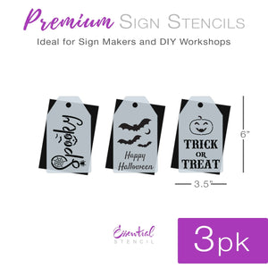 DIY reusable mini Halloween sign stencils, spooky stencil, happy halloween with bats stencil, trick or treat jack o lantern stencil, mini tag halloween sign stencils, halloween diy tiered tray signs