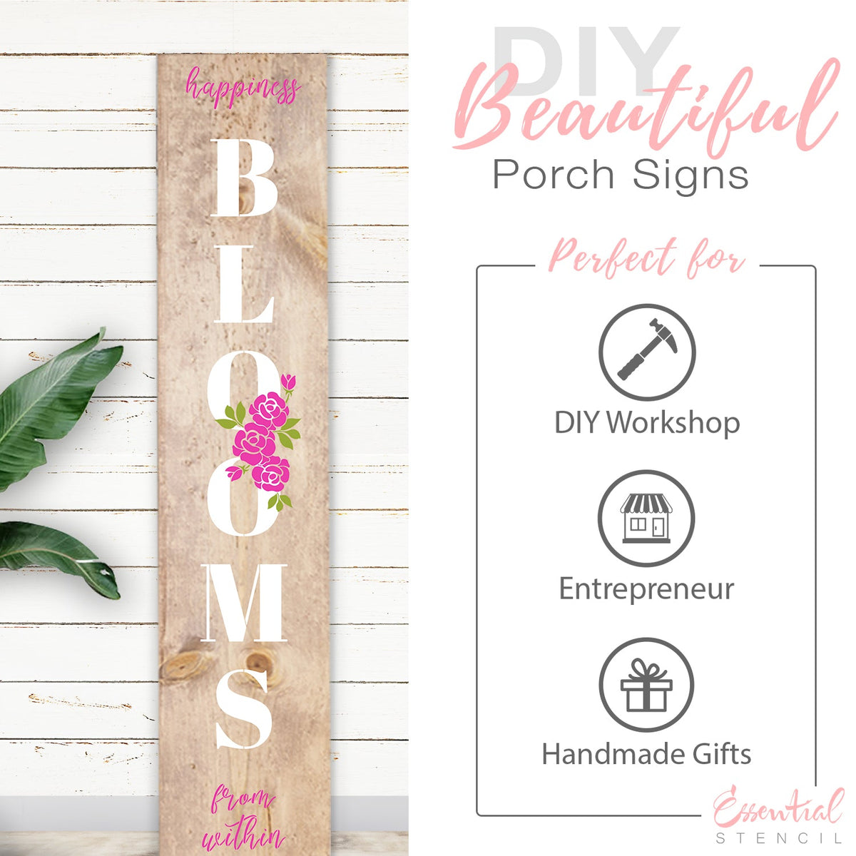 DIY reusable Happiness Blooms from within Vertical porch sign stencil, Porch leaner sign stencil, rustic farmhouse reusable vertical porch sign stencils, Vertical Spring porch sign leaner sign stencils
