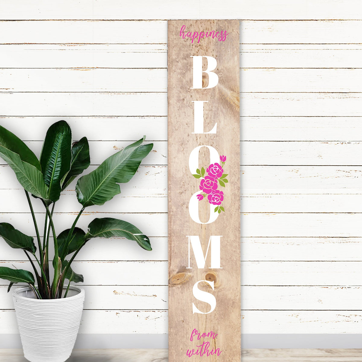 DIY reusable Happiness Blooms from within Vertical porch sign stencil, Porch leaner sign stencil, rustic farmhouse reusable vertical porch sign stencils, Vertical Spring porch sign leaner sign stencils
