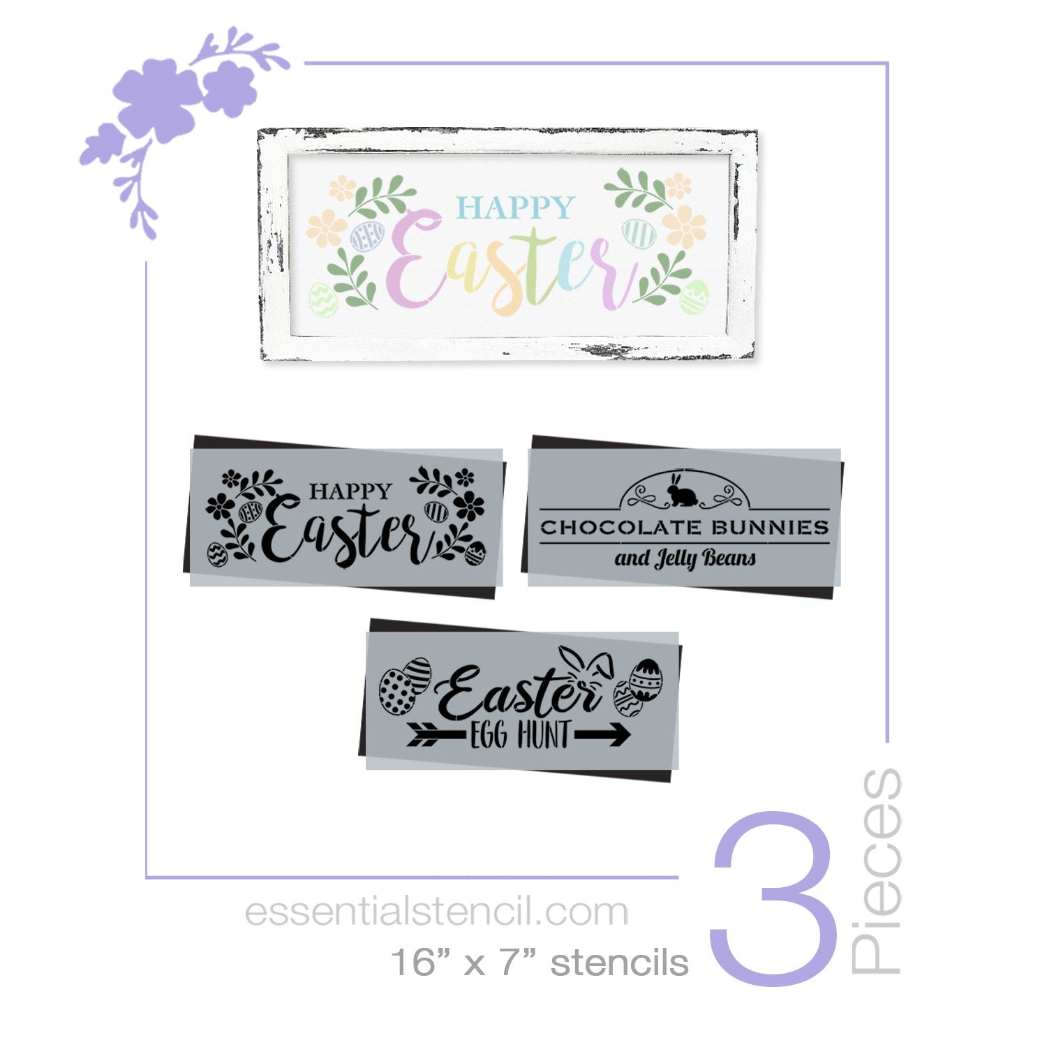 Happy Easter Stencil Set (3 Pack) Easter Egg Hunt, Chocolate bunnies and jelly beans stencil