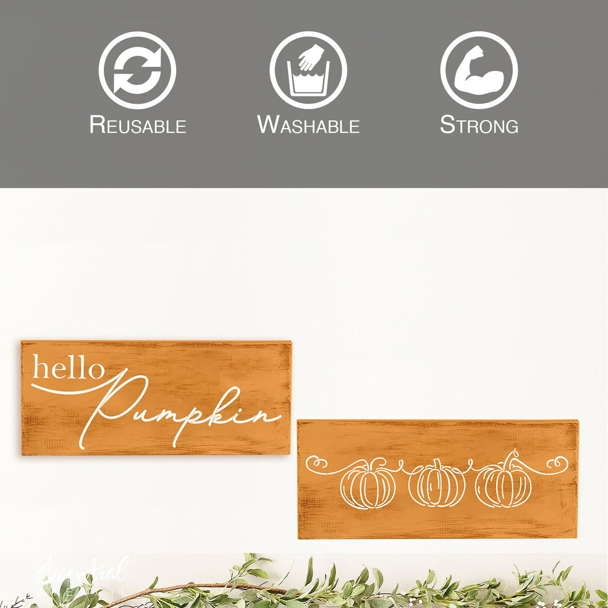 DIY reusable fall wood sign stencils, pumpkin line art stencils, reusable hello pumpkin wood sign stencils, line art stencils, diy fall home decor, diy halloween home decor, fall stencils for painting wood signs