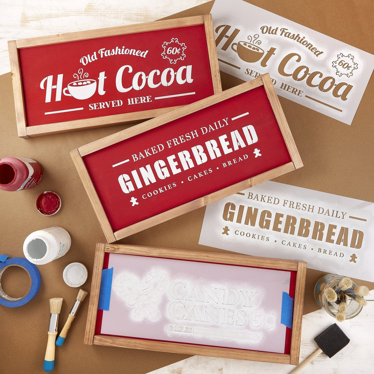 Reusable Christmas Sign Stencils for painting wood signs | DIY Farmhouse Christmas Decor | Gingerbread cookies, Candy Canes, Old Fashioned Hot Cocoa Stencils