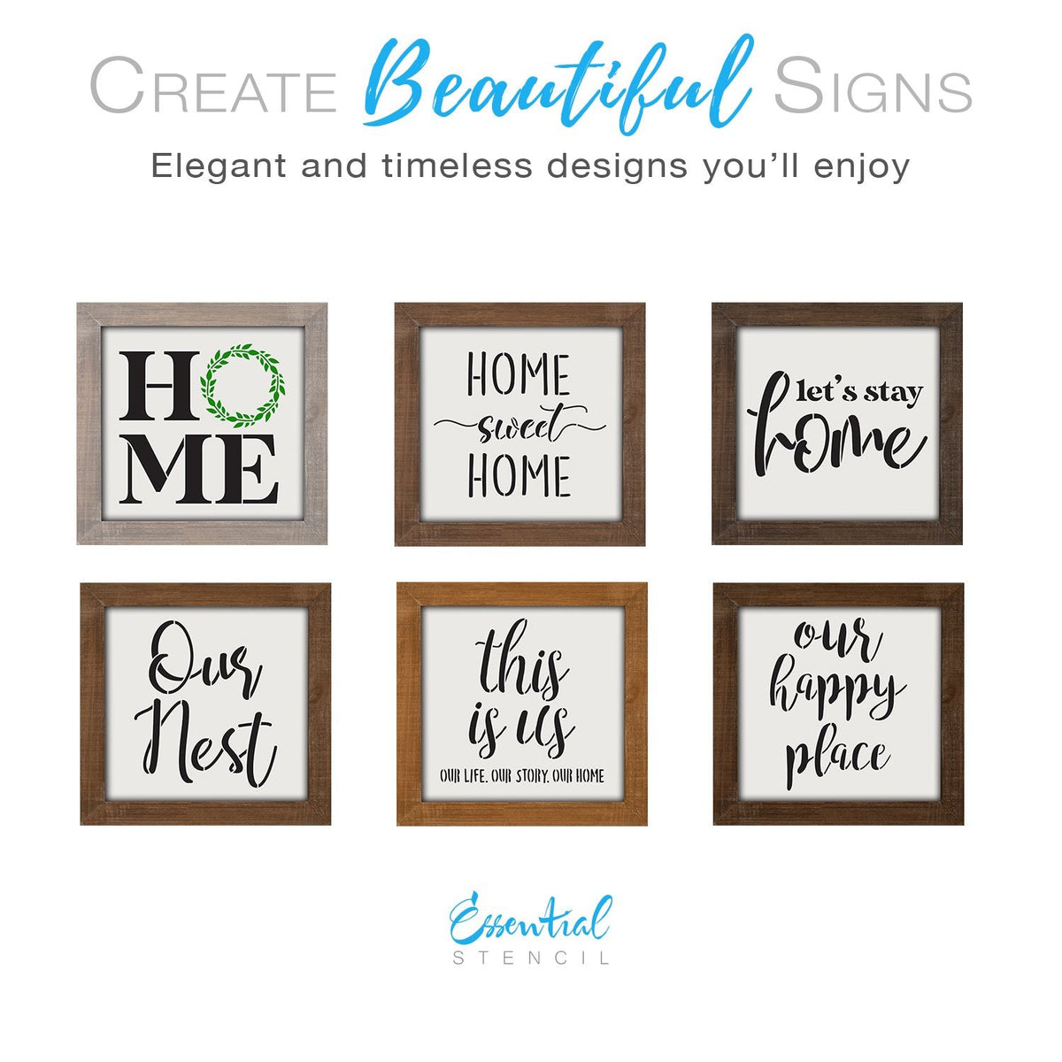 DIY reusable farmhouse home decor stencil,HOME mini sign stencil, home sweet home mini sign stencil, let's stay home mini sign, Our Nest mini sign stencil, this is us our life. our story. our home mini sign stencil, our happy place mini sign stencil, stencil tiered tray signs, DIY home decor, modern farmhouse diy home decor, DIY small shelf sign
