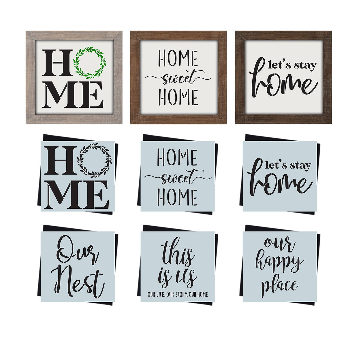 DIY reusable farmhouse home decor stencil,HOME mini sign stencil, home sweet home mini sign stencil, let's stay home mini sign, Our Nest mini sign stencil, this is us our life. our story. our home mini sign stencil, our happy place mini sign stencil, stencil tiered tray signs, DIY home decor, modern farmhouse diy home decor, DIY small shelf sign