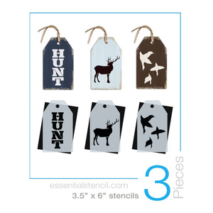 DIY reusable Mini tag hunting stencils, HUNT stencil, elk stencil, deer stencil, flock of geese stencil, duck stencil, hunting stencils 