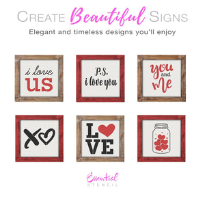 DIY reusable farmhouse sign valentines stencils, diy valentine's tiered tray home decor sign stencils, i love us sign stencil, p.s. i love you sign stencil, you and me sign stencil, xo sign stencil, jar full of hearts sign stencils