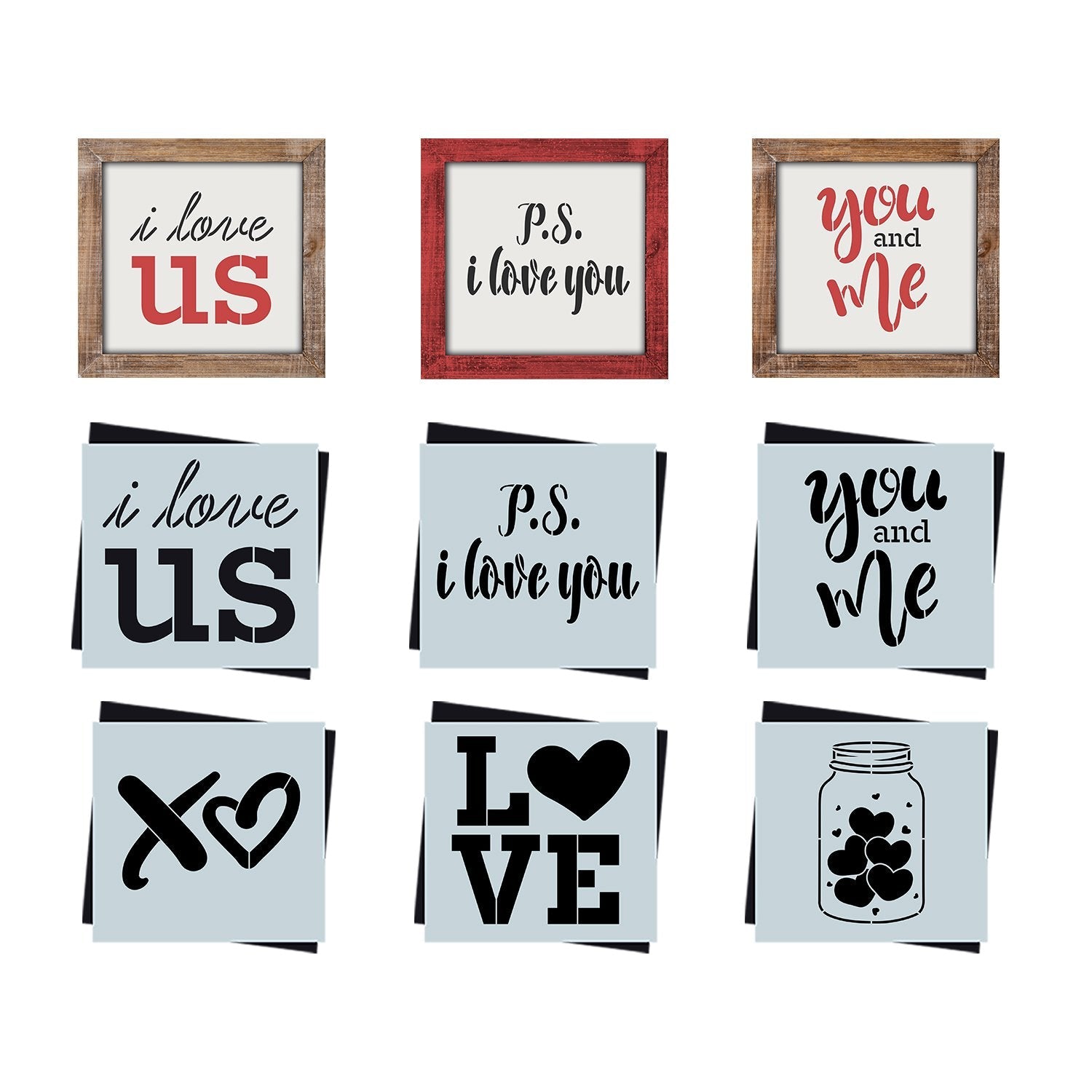 DIY reusable farmhouse sign valentines stencils, diy valentine's tiered tray home decor sign stencils, i love us sign stencil, p.s. i love you  sign stencil, you and me sign stencil, xo sign stencil, jar full of hearts sign stencils