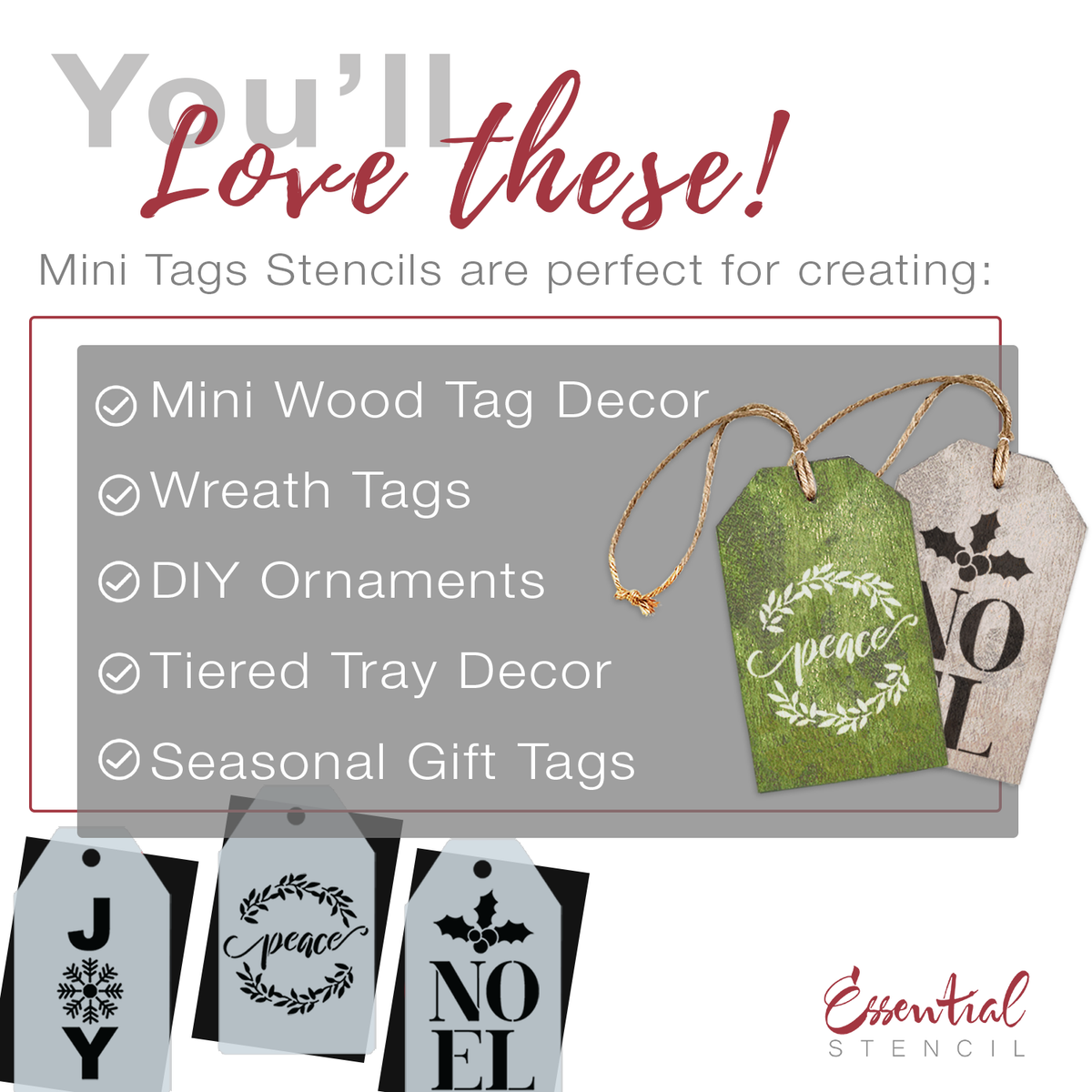 Joy, Peace & Noel Mini Tag Stencil Set (3 Pack)-Christmas-Essential Stencil