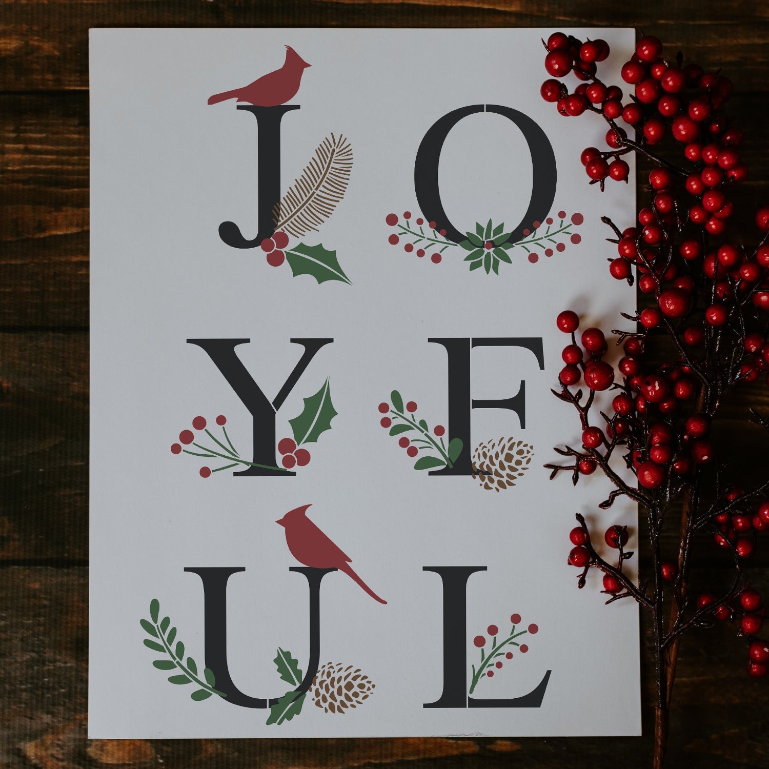 DIY reusable modern farmhouse wood sign stencils, JOYFUL layering stencil, Christmas wood signs stencils, joyful pine cone cardinal bird poinsettia stencils
