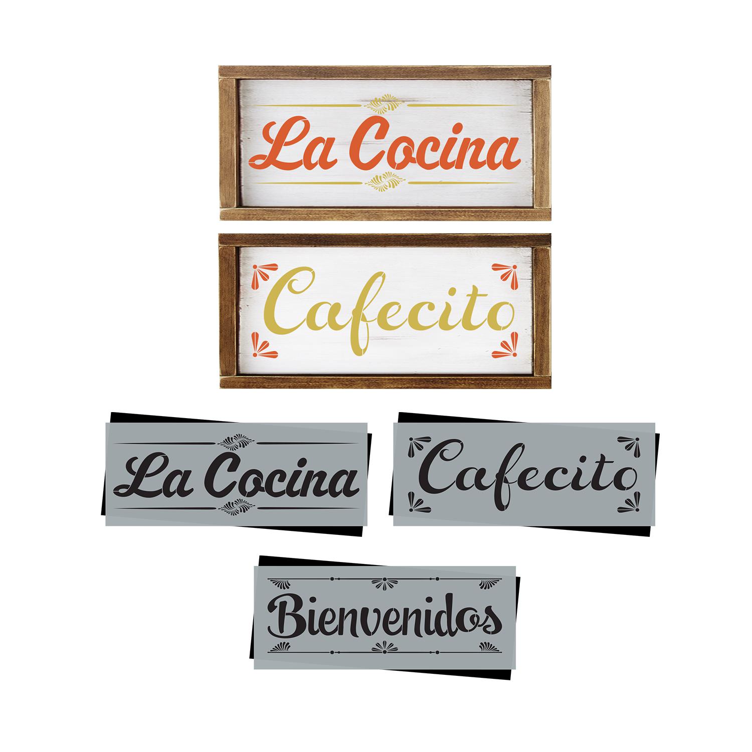 diy reusable farmhouse spanish kitchen sign stencils, la cocina wood sign stencil cut out, cafecito wood sign stencil cut out, bienvenidos wood sign stencil cut out, coffee sign, kitchen sign, welcome sign, spanish diy home decor, mylar stencils, spanish stencils