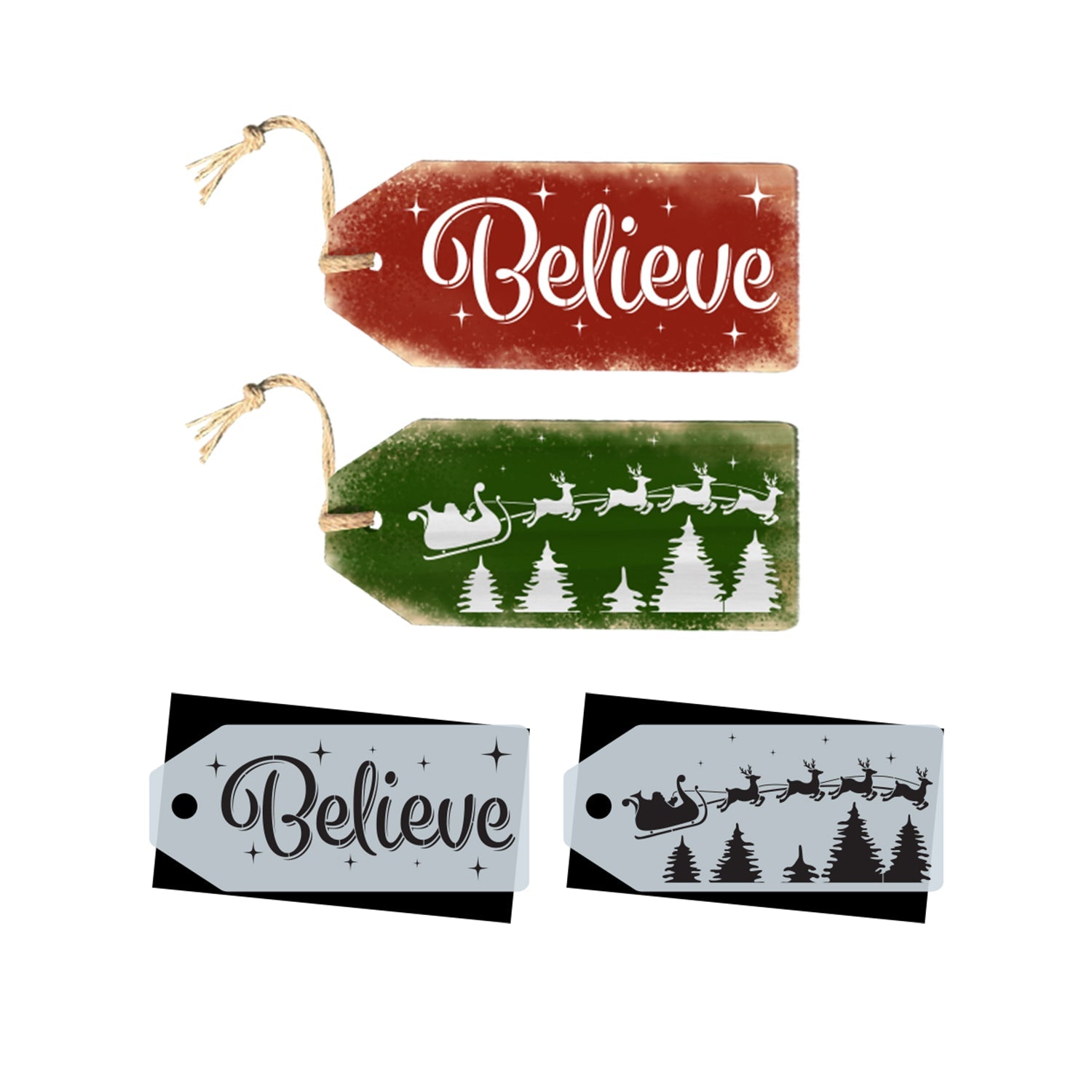DIY reusable Christmas farmhouse large wood tags, Believe wood tag Santa's sleigh and reindeer with pine trees wood tag, Front door Christmas wood tags  Large Christmas wood tags, Christmas front door wreath tags, 