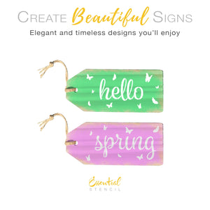 DIY reusable hello spring large wood tag sign stencils, diy hello spring front door decor , large hello spring wood tags with butterflies