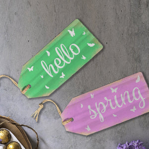 DIY reusable hello spring large wood tag sign stencils, diy hello spring front door decor , large hello spring wood tags with butterflies