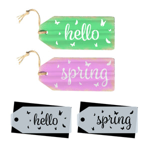 DIY reusable hello spring large wood tag sign stencils, diy hello spring  front door decor , large hello spring wood tags with butterflies