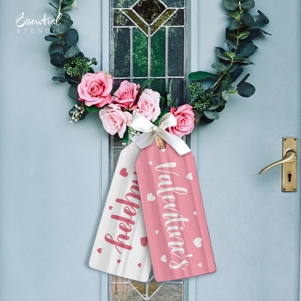 DIY reusable farmhouse Happy Valentine's Day large tag stencils, Valentine's front door wreath tags, DIY wreaths home decor Happy Valentine's stencils