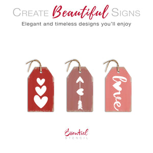 DIY reusable Love mini tag stencils, mini wood tag tiered tray Valentines Day sign stencils, Valentines tags, stacked hearts, heart arrow, love stencils