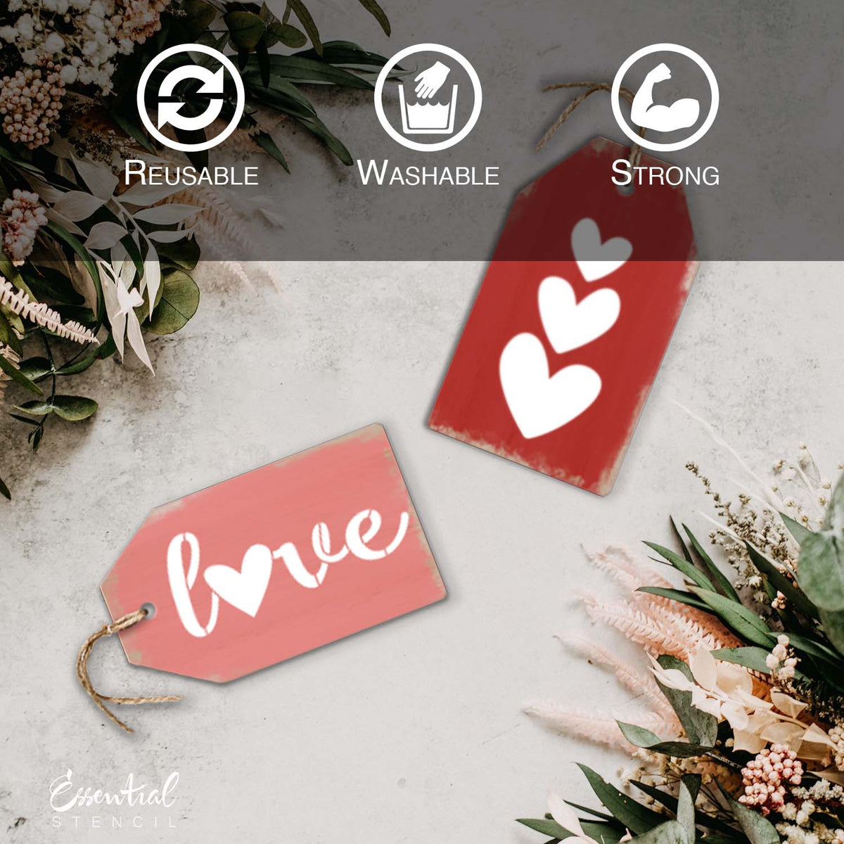 DIY reusable Love mini tag stencils, mini wood tag tiered tray Valentines Day sign stencils, Valentines tags, stacked hearts, heart arrow, love stencils