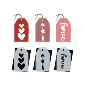 DIY reusable Love mini tag stencils, mini wood tag tiered tray Valentines Day sign stencils, Valentines tags, stacked hearts, heart arrow, love stencils