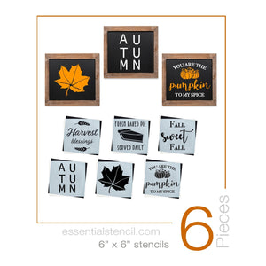 DIY Reusable Fall Farmhouse sign stencils for painting on wood | DIY Fall Decor using Autumn, Fall Leave, You are the Pumpkin to my spice, Fall Sweet Fall, Fresh baked Pie reusable sign stencils