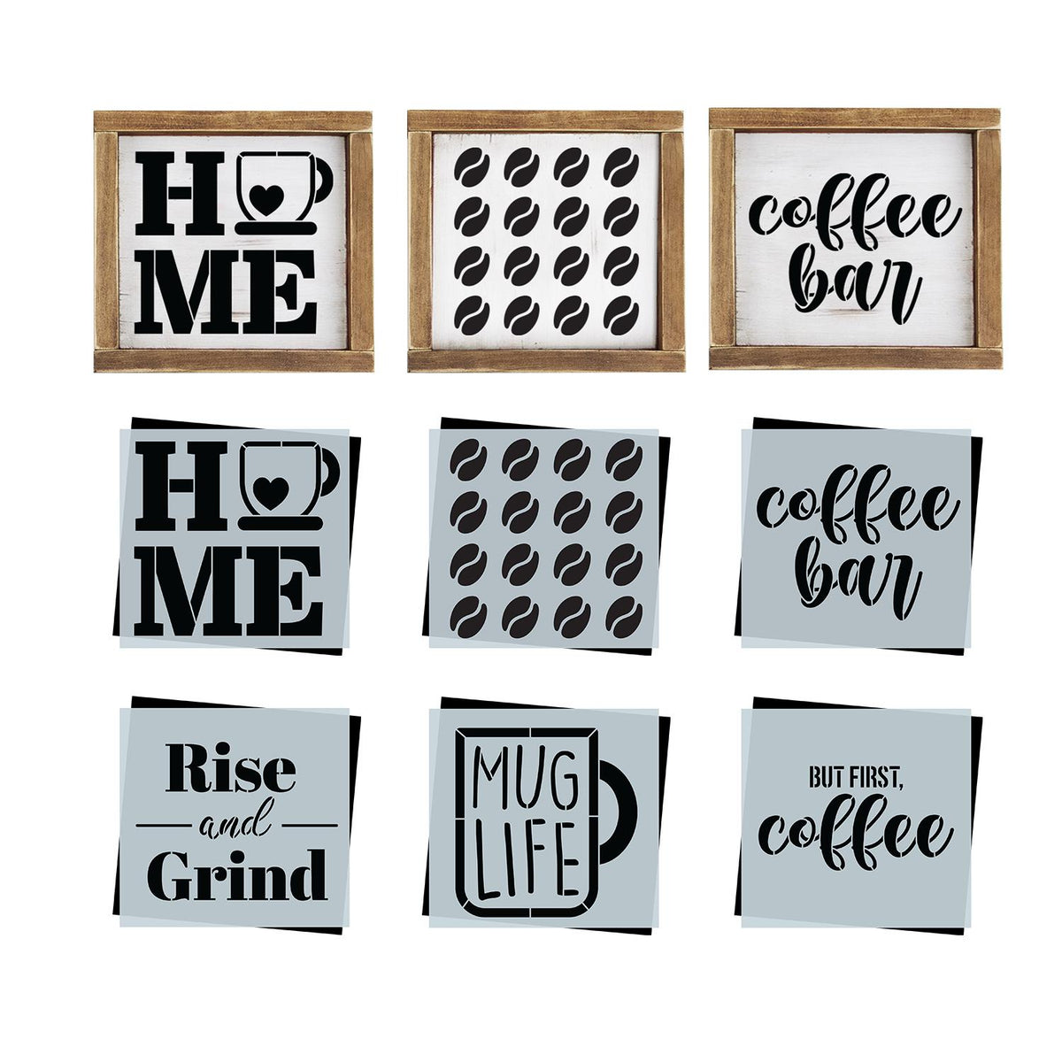 diy reusable moder farmhouse coffee bar sign stencils, HOME coffee mug sign stencil, coffee bean pattern sign  stencil, coffee bar wood sign stencil, rise and grind coffee sign stencil, mug life coffee wood sign stencil, but firs, coffee sign stencil, tiered tray diy coffee sign decor, small shelf coffee bar sign decor, homemade kitchen decor coffee stencils