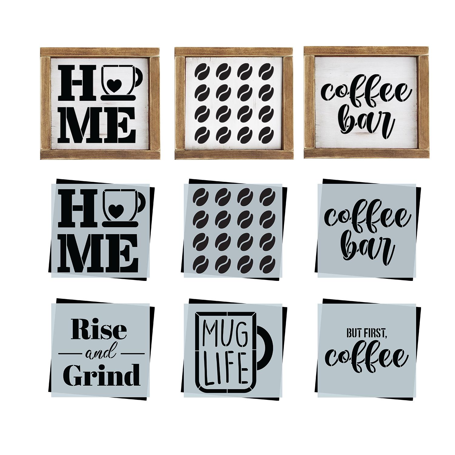 diy reusable moder farmhouse coffee bar sign stencils, HOME coffee mug sign stencil, coffee bean pattern sign  stencil, coffee bar wood sign stencil, rise and grind coffee sign stencil, mug life coffee wood sign stencil, but firs, coffee sign stencil, tiered tray diy coffee sign decor, small shelf coffee bar sign decor, homemade kitchen decor coffee stencils