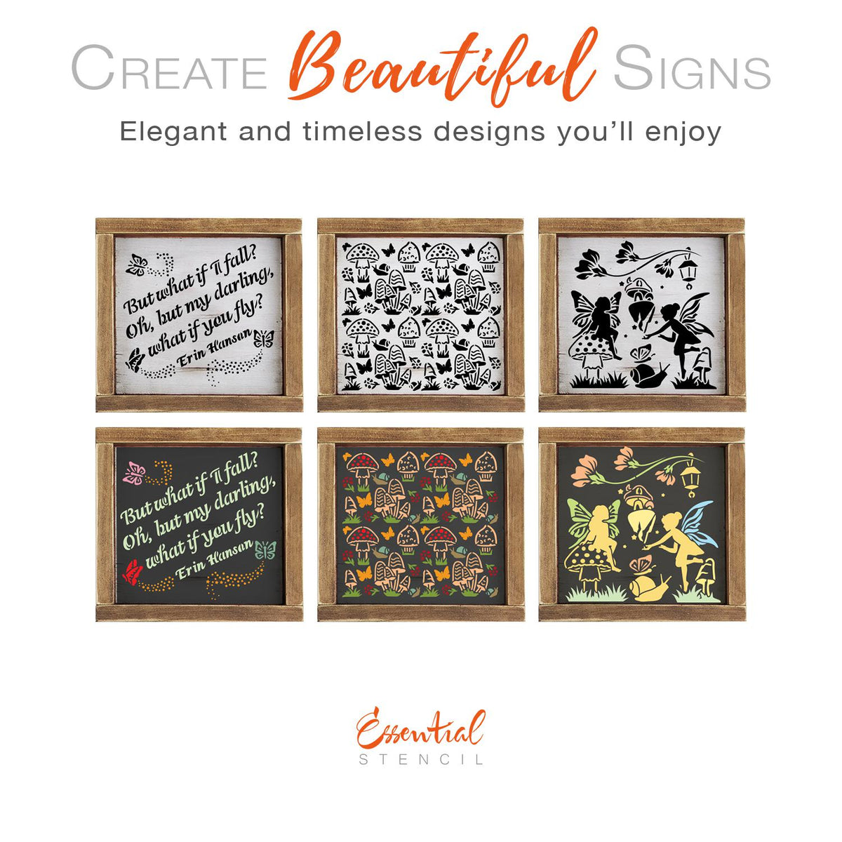 DIY reusable junk journaling mushroom and fairies stencils, mushroom and fairies card making stencils, mushroom slug and butterfly pattern, but what if i fall? oh, but my darling what if you fly quote stencil for min wood signs, Erin Hanson quote signs , scrapbooking stencils, mini enchanted theme wood sign stencils