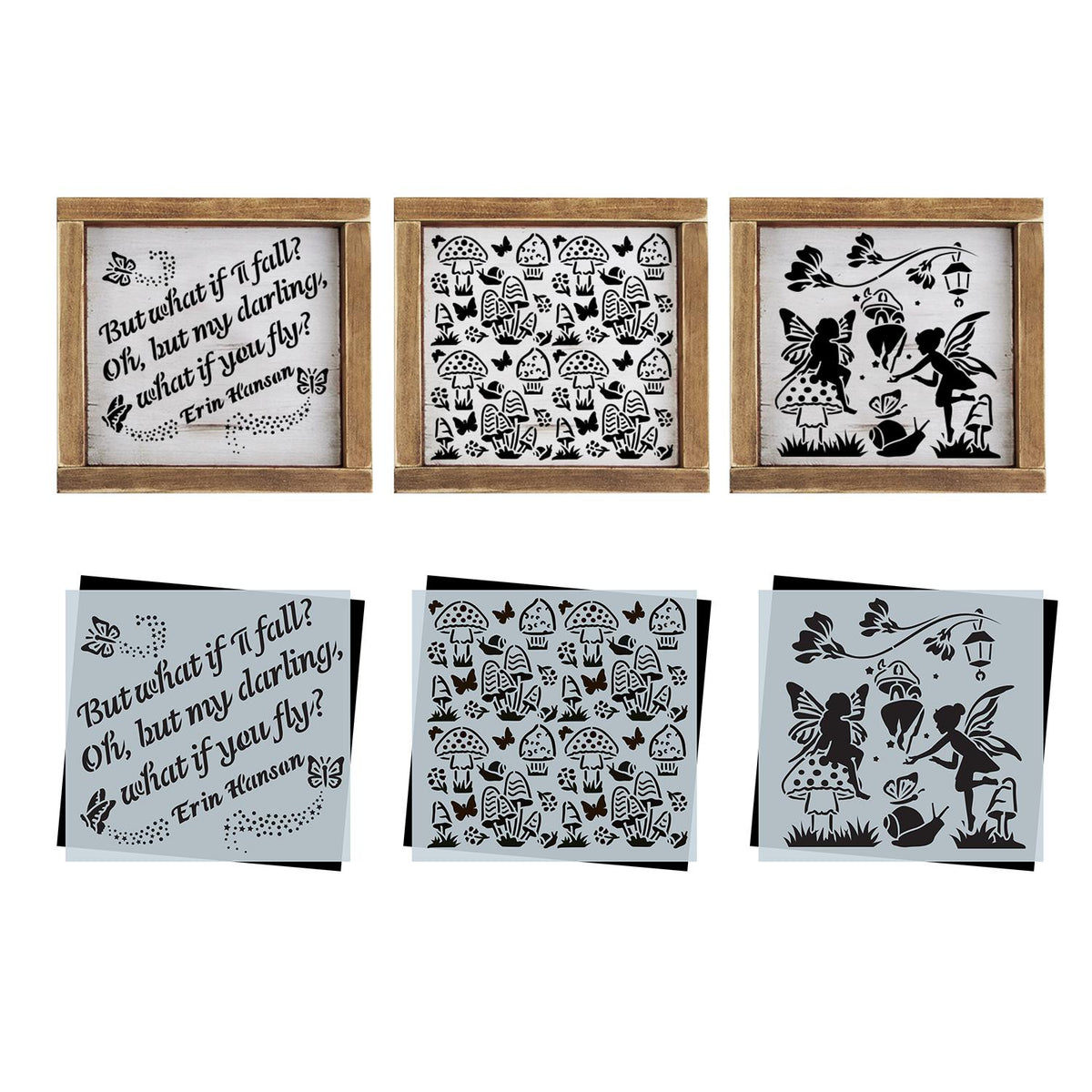 DIY reusable junk journaling mushroom and fairies stencils, mushroom and fairies card making stencils, mushroom slug and butterfly pattern, but what if i fall? oh, but my darling what if you fly quote stencil for min wood signs, Erin Hanson quote signs , scrapbooking stencils, mini enchanted theme wood sign stencils