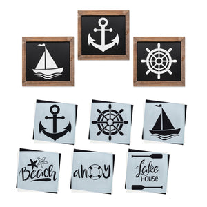 Reusable Nautical Farmhouse sign stencils for painting on wood, DIY Nautical home decor, Ahoy, anchor, sailboat, beach, lake house, ship wheel stencil