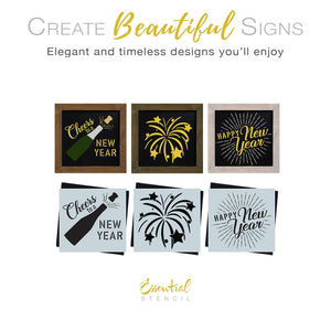 DIY reusable Happy New Year mini sign stencils, Cheers to a new year stencil, fireworks stencil, bottle popping New Year stencil, New Year DIY crafts