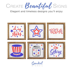 diy reusable patriotic stencils for wood signs, patriotic tiered trays, 4th of july diy home decor, oh my stars mini wood sign stencil, jar of stars , liberty hat stencil, old glory, diy patriotic farmhouse home decor