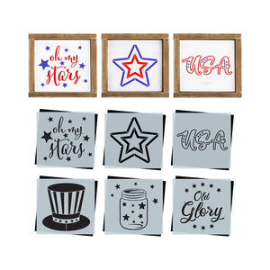 diy reusable patriotic stencils for wood signs, patriotic tiered trays, 4th of july diy home  decor, oh my stars mini wood sign stencil, jar of stars , liberty hat stencil, old glory,  diy patriotic farmhouse home decor