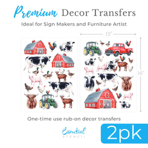 On the Farm" rub-on transfer, farm-themed, DIY project, wooden sign, upcycling, home decor, easy to use, high-quality, durable, multiple surfaces, farmhouse-style decor, rustic, country-inspired design, Essential Stencil Includes vintage truck, tractor, Cow, Chicken, pig, goat red bar