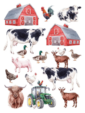 On the Farm" rub-on transfer, farm-themed, DIY project, wooden sign, upcycling, home decor, easy to use, high-quality, durable, multiple surfaces, farmhouse-style decor, rustic, country-inspired design, Essential Stencil Includes vintage truck, tractor, Cow, Chicken, pig, goat red bar