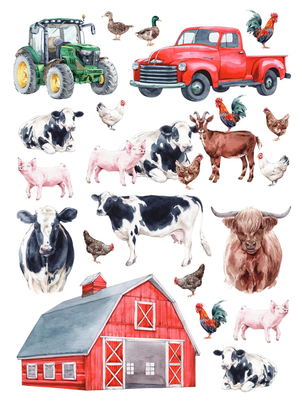 On the Farm" rub-on transfer, farm-themed, DIY project, wooden sign, upcycling, home decor, easy to use, high-quality, durable, multiple surfaces, farmhouse-style decor, rustic, country-inspired design, Essential Stencil Includes vintage truck, tractor, Cow, Chicken, pig, goat red bar