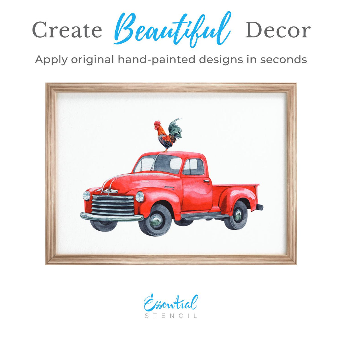 On the Farm" rub-on transfer, farm-themed, DIY project, wooden sign, upcycling, home decor, easy to use, high-quality, durable, multiple surfaces, farmhouse-style decor, rustic, country-inspired design, Essential Stencil Includes vintage truck, tractor, Cow, Chicken, pig, goat red bar