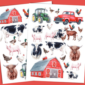 "On the Farm" rub-on transfer, farm-themed, DIY project, wooden sign, upcycling, home decor, easy to use, high-quality, durable, multiple surfaces, farmhouse-style decor, rustic, country-inspired design, Essential Stencil  Includes vintage truck, tractor, Cow, Chicken, pig, goat red barn