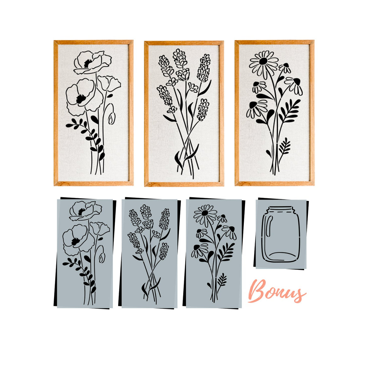 Pencil Flowers Sign Stencils (3 Pack) + Bonus-Spring-Essential Stencil