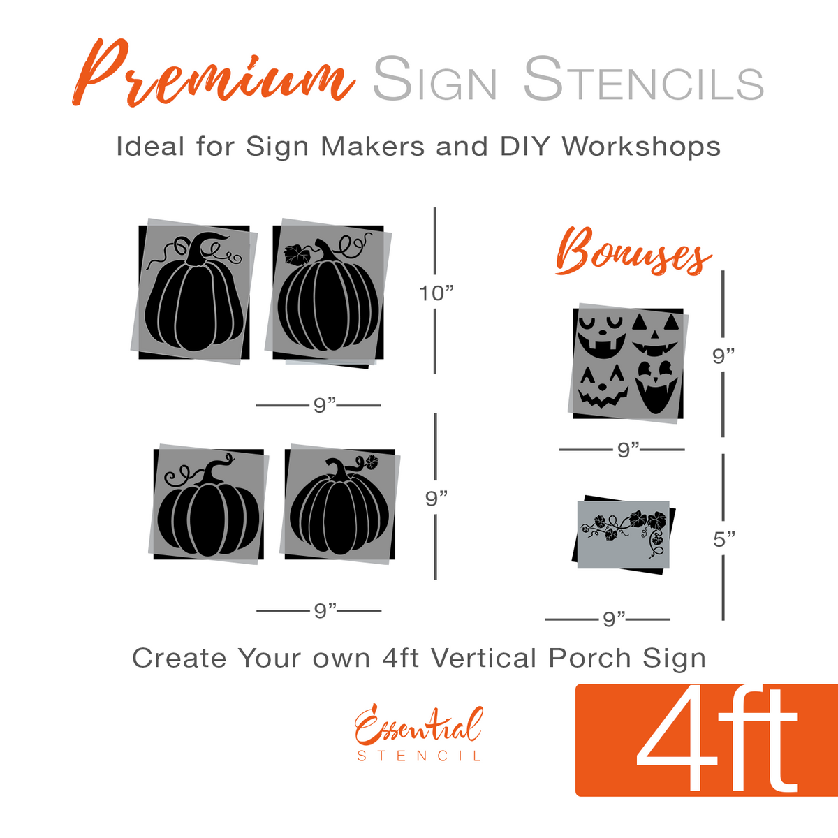 DIY reversible fall and halloween porch leaner sign stencils, stacked pumpkins stencil, jack o lantern stencils, pumpkin faces stencils, pumpkin vines stencils, DIY 4ft vertical fall porch sign, fall front door decor, front porch fall decor, Halloween front door decor, diy halloween decorations