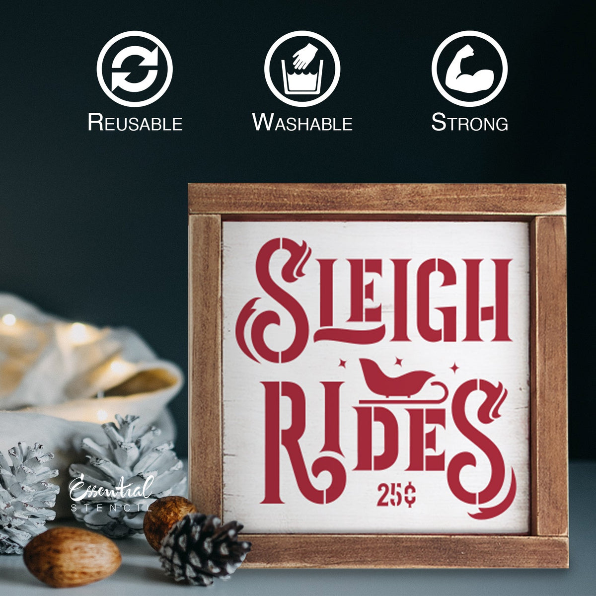 DIY reusable farmhouse christmas stencils, Mini Christmas wood signs, santa baby wood sign stencil, santa is coming to town wood sign stencil, north pole and candy canes wood sign stencil, sleigh rides 25¢ wood sign stencil, cookies for santa wood sign stencil, smiling Santa face silhouette stencil, diy Christmas shelf decor, Christmas tiered tray decor, rustic farmhouse christmas sign stencils, modern farmhouse wood sign stencils.